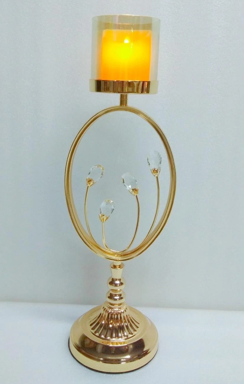 Metal Candle Holder on Top - Base with Oval Ring and Crystals inside 18x46 cm